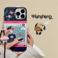 Play Sheng สไตล์เกาหลี INS เคสโทรศัพท์มือถือลายสุนัขกราฟฟิตีสีดำน่ารักสำหรับ iphone14promax iPhone 13เคสป้องกันซิลิโคนสองชั้นกันตกไอเดียสร้างสรรค์แบบใหม่สำหรับผู้หญิง14Pro 12มีโซ่คล้องมือ14PM