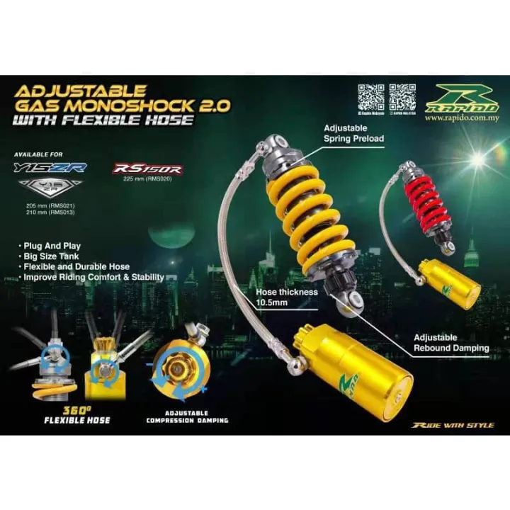Y15ZR /RS150 MONOSHOCK GAS ADJUSTABLE RAPIDO WITH FLEXIBLE HOSE (YELLOW