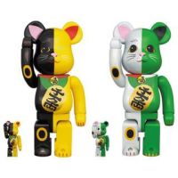 BEARBRICK Maneki Neko 100% 400% Green White and Black Yellow (Set of 4)