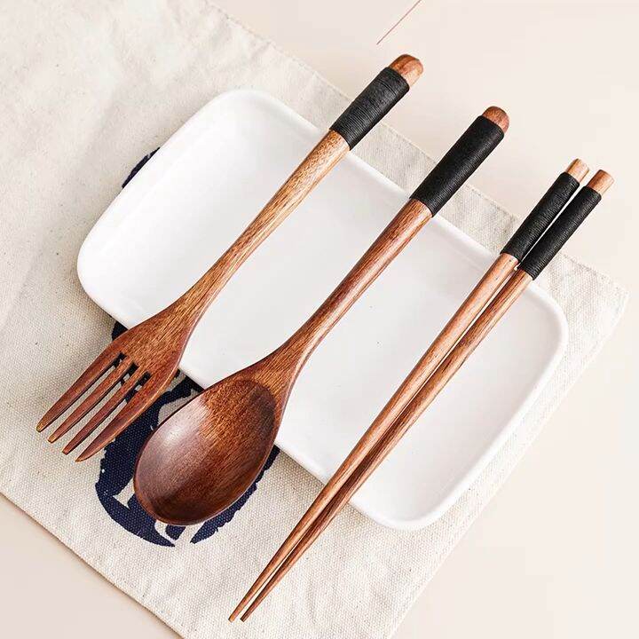 QS korean spoon and pork set makapal fork wooden utensils kitchen ...