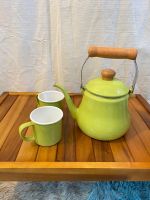 Enamel tea pot and 2 enamel glasses