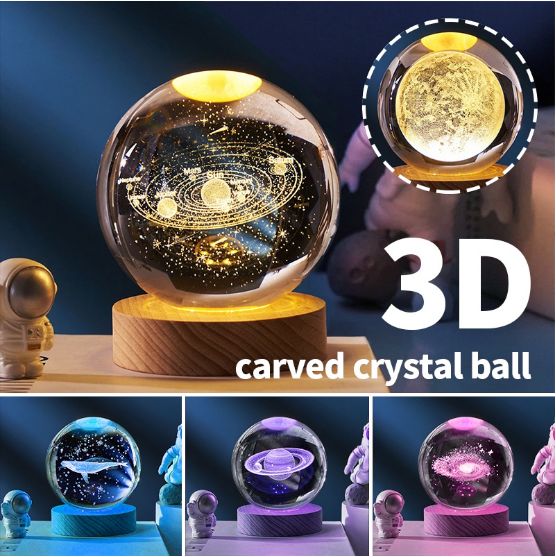 ✨【Ready Stock】 + Free Shipping✨ LED Night Light With Wood Base 3D Laser  Universe Moon Galaxy Earth Globe Crystal Ball Crafts Night Lamp with Base  for Living Room Ornament Birthday Gift