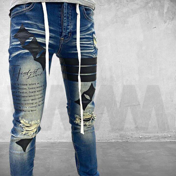 ใหม่ล่าสุด-denim-style-กางเกงยีนส์ฟอกคาดแถบลายดาวกระจาย-ลายไม้กางเขน-ลายสายฟ้าตัวใหม่สุดพร้อมเข็มขัดผ้าหรือเชือกตรงรุ่น