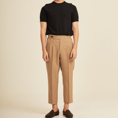 HARBER.BKK - Kene Slack pants in Khaki color (UNISEX PANTS)กางเกงสแล็คขายาว มีดีเทลขอบยื่น สีกากี