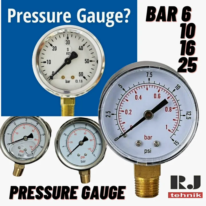Pressure Gauge Manometer Pengukur Tekanan Angin Kompresor 6 , 10, 16