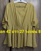 F34.. เสื้อ browse คอวีแขนสั้นปลายแขนระบายเป็นเสื้อตัวยาวทรงปล่อยจั้มช่วงเอวสีเหลืองมัสตาร์ดผ้าคอตตอน ผ้าบางเบา ทิ้งตัว สวมใส่สบาย