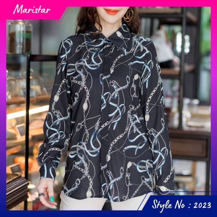 maristar-2023-เสื้อแขนยาวพิมพ์ลาย-printed-long-sleeve-blouse-เนื้อผ้าpolyester100-พิมพ์-ลาย-เนื้อผ้านิ่มและลื่นใส่สบาย-ใส่ไม่ร้อน-ใส่ไม่ยับ