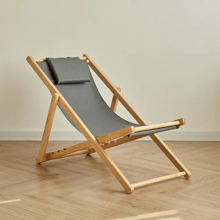Solid Wood Beach Chair Wooden Lazy Folding Recliner Balcony Outdoor