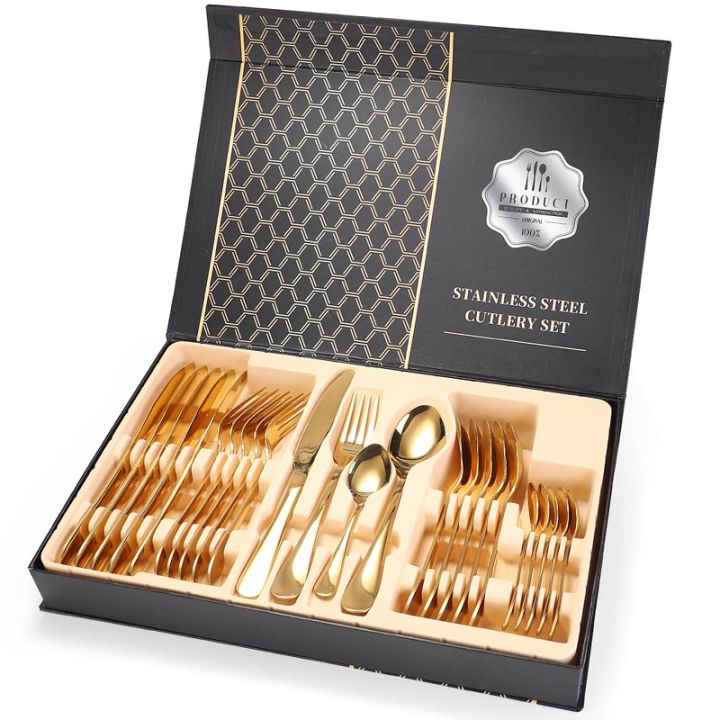 24 Piece Cutlery Set Gold Gift Box With Stainless Knife, Spoon And Fork ...