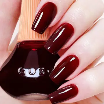 Glossy Short Oval Nails Solid Color Press Nails Wine - Temu