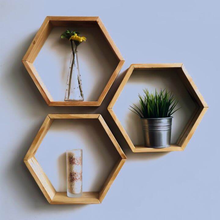 Rak Hexagonal Rak Segi Enam Rak Hiasan Dinding Kayu Hexagonal Rak