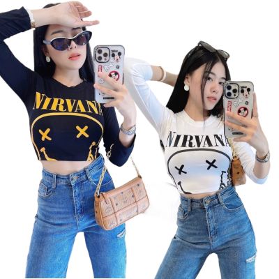 เสื้อครอปลายไฟ🔥Nirvana🔥แขนยาวผ้าเร่ยอน อย่างดี ❗️พร้อมส่ง❗️