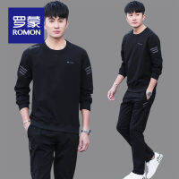 Romon ชุดลำลองผู้ชายเสื้อสเวตเตอร์บุขนกำมะหยี่หนาพิเศษทรงหลวมแฟชั่นสำหรับฤดูใบไม้ผลิและฤดูใบไม้ร่วงกางเกงขายาวชุดเสื้อผ้ากีฬาแบบสองชิ้น