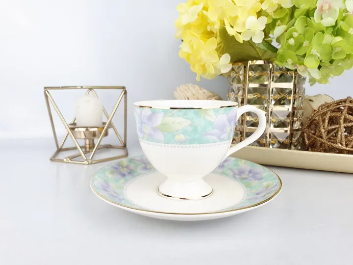 Haengnam Snow Bone China Pedestal Cup and Saucer Purple/Green Floral