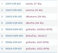 23411-KZR-601
เพลาขับ (17 ฟัน)+23421-KZR-600
เพลาตาม (13 ฟัน)+23422-K36-J00
เฟืองสะพาน (54 ฟัน)+23430-KZR-600
เฟืองท้าย (44 ฟัน) พร้อมลูกปืนและซีลด้านขวา รุ่นPCX150ปี12-17 click 125 แพ็ก8ชิ้น อะไหล่แท้ศูนย์?%