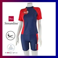 (M-3XL) เหลือน้อย ชุดว่ายน้ำแขนสั้น กางเกงขาสั้น สีแดง กรม ชุดแยกชิ้น ของ Swim World by BSC