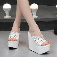 ร้อน, ร้อน★Ultra-High-Heel Platform Shoes 15cm Nightclub Waterproof Platform Platform Peep-toe Sandals Sexy White Comfortable Porous Shoes Female Slippers