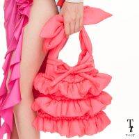 TandT - FALLING LOVE PINK Bag RUFFLED PUFFER BAG กระเป๋าถือผ้าร่มบุนวม สายผูกโบว์ปรับความยาวสายได้ ตกแต่งรูดระบาย