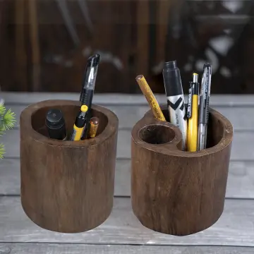 Walnut Wood Pen And Pencil Holder For Desk, Large Square Design Wooden Pen  And Pencil Cup, Desk Pen Holder, Makeup Brush Holder