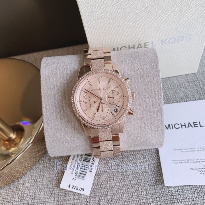 ของแท้100-นาฬิกาผู้หญิง-สีโรสโกลด์-michael-kors-mk6598-ritz-quartz-chronograph-rose