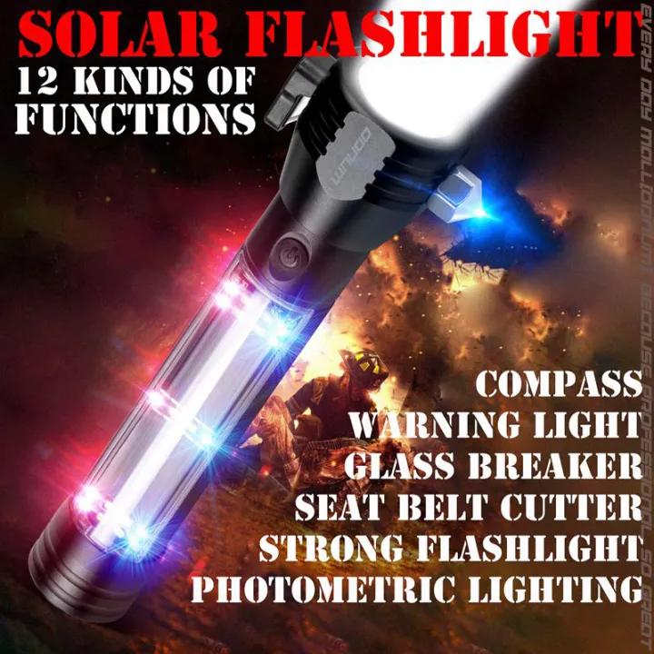 ODNUM outdoor multi-functional flashlight solar charging safety hammer ...