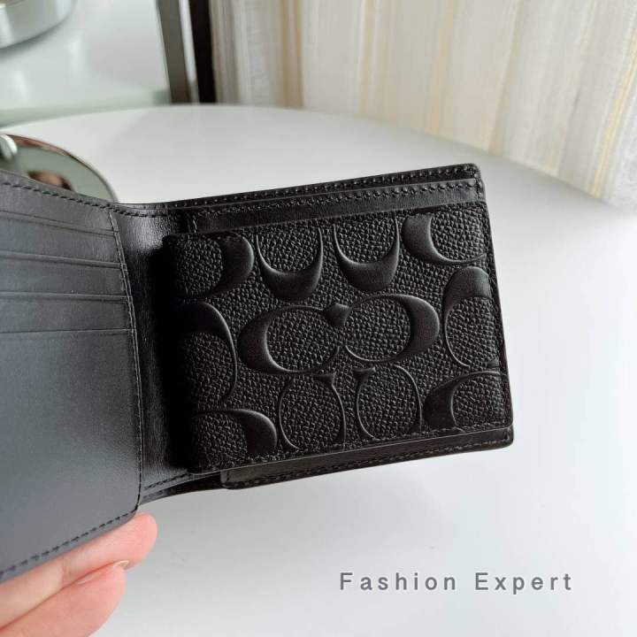 ของแท้100-กระเป๋าสตางค์ชาย-compact-id-wallet-in-signature-crossgrain-leather-coach-f75371