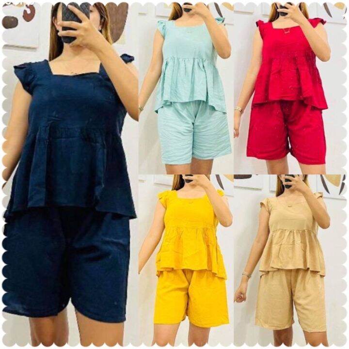 Terno short &blouse raffles sleeve butterfly peplum challis cloth# ...