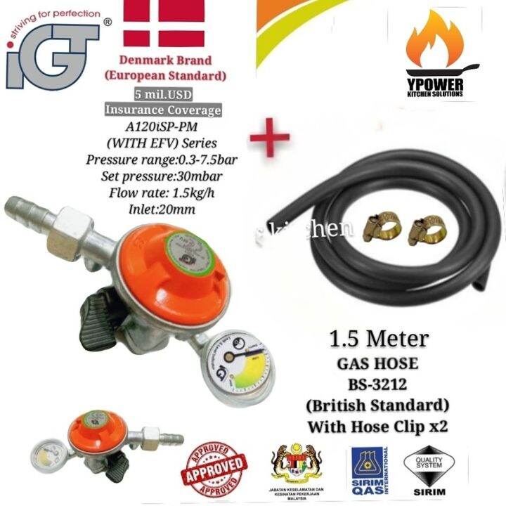 IGT Gas Regulator With GAUGE&SAFETY LOCK / with 1.5M BS3212 GAS HOSE