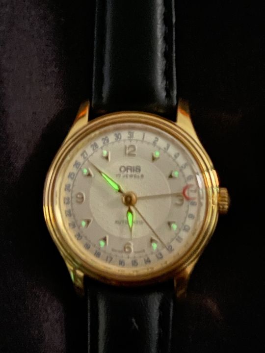 oris-17-jewels-automatic-ตัวเรือนทองชุบ-สี่เข็ม-เข็มชี้วันที่ก้ามปู-นาฬิกาผู้ชาย-นาฬิกาวินเทจมือสองของแท้