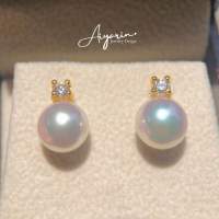 9mm Japanese Akoya Pearl Earrings ต่างหูเงินเเท้925ชุบทอง18K ฝังเพชรเเท้10ตัง น้ำ100 VS ไข่มุกอะโกย่า จากประเทศญี่ปุ่น