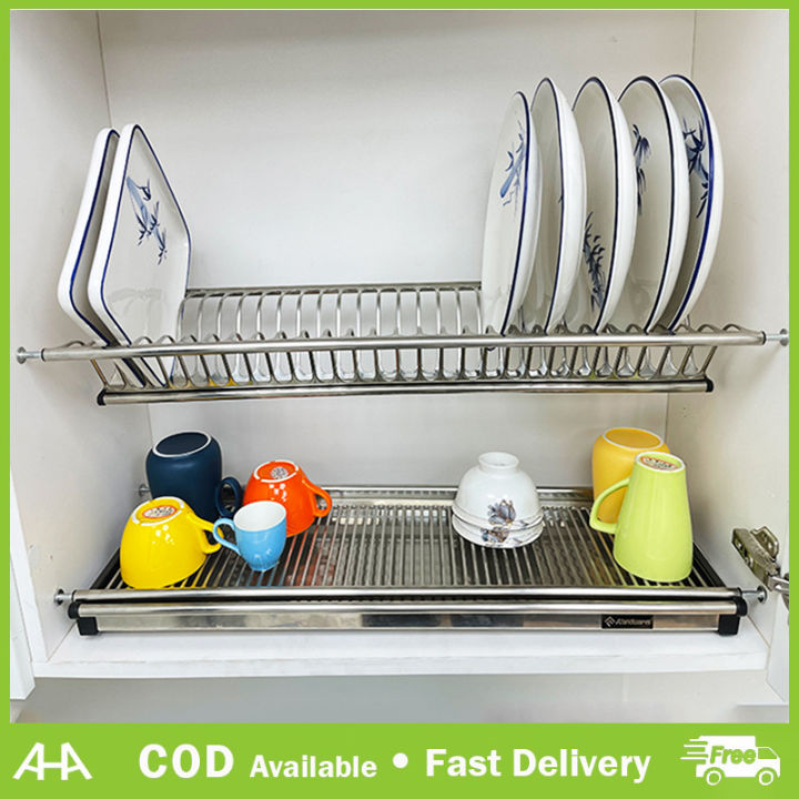 80cm Stainless Steel 2 Layer Wall Hanging Dish Rack 2 Tier Cabinet Dish  Drying Rack 304 Stainless Steel Dish Slots Kitchen Plate Bowl Utensils Cups Draining  Rack