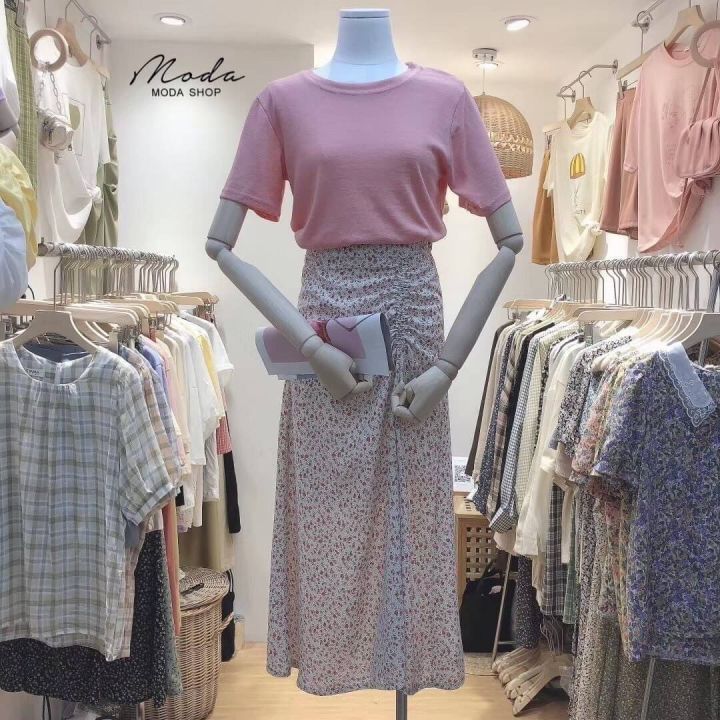 moda-shop-เสื้อยืดคอกลมสีพื้นผ้าสลาฟบางสไตล์เกาหลีแฟชั่นผู้หญิง