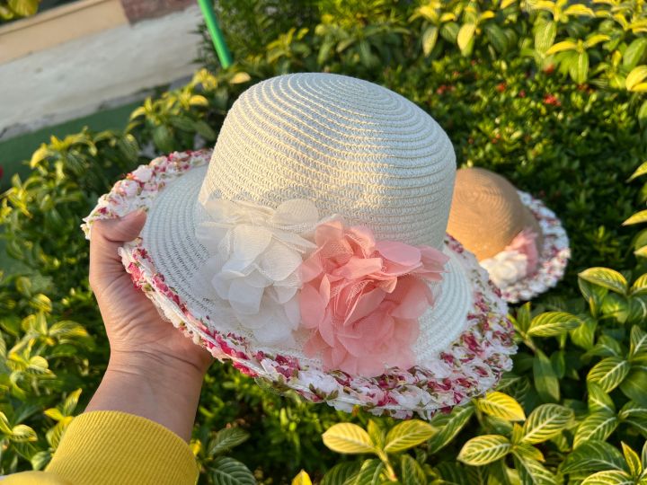 หมวกสานประดับดอกไม้-สวยหวานน่ารักมาก-งานขายดี-พร้อมส่ง