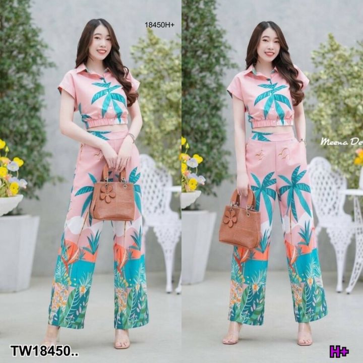 18450-set-2-ชิ้น-เสื้อแขนพองปลายแขนสม๊อค-อกจับจีบผูกโบว์-ขายาว