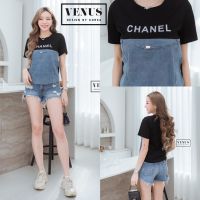 CC Jeans เสื้อแขนสั้นแต่งผ้ายีนเนื้อดี สกีนลายตัวอักษรตามแบบฉบับแบรนด์ดัง งานสวยเป๊ะมากๆนะคะ แม๊ทกับกางเกงขาสั้นก็สวย