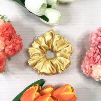 ยางรัดผม scrunchie รหัส P088 สี Chrome Yellow ผ้าซาตินโรม่าเนื้อมุก