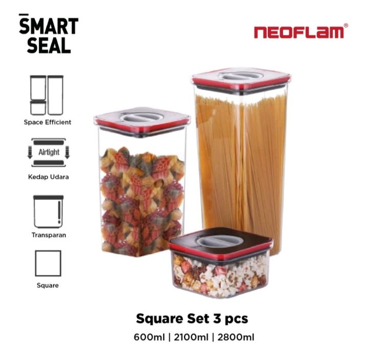 Neoflam Airtight Smart Seal Food Storage Container ( Square Set of 3 ) 