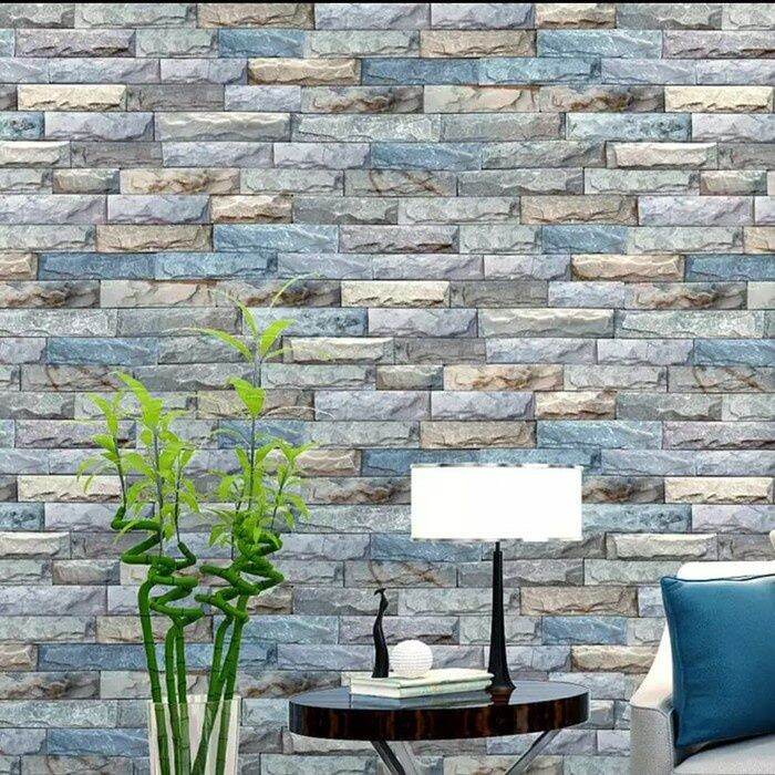 Wallpaper Sticker Dinding Motif Batu Alam 3D Biru abu ukuran 10m × 45cm