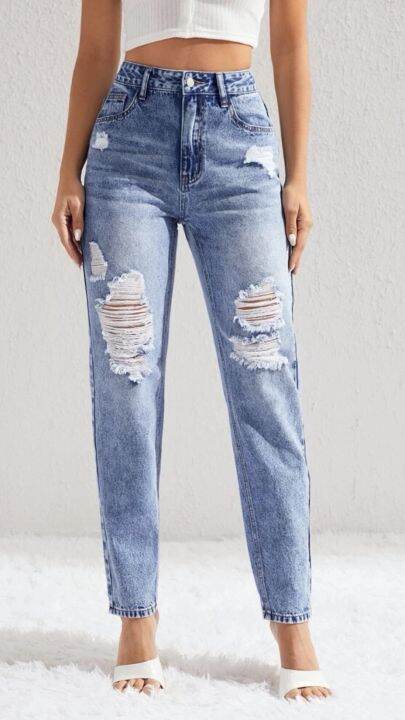 Tall Slant Pocket Ripped Mom Fit Jeans Lazada Ph