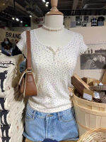 Brandy melville เสื้อยืดแขนสั้นคอปกลายดอกไม้สีม่วงแนววินเทจสไตล์อเมริกัน BM สำหรับผู้หญิงเอวสูงรัดรูปสำหรับฤดูร้อนแบบใหม่