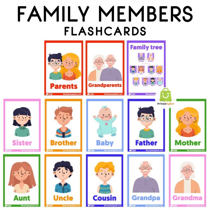 FAMILY MEMBERS Laminated Flashcards, 13 PCS Teaching Flash cards, Kids ...