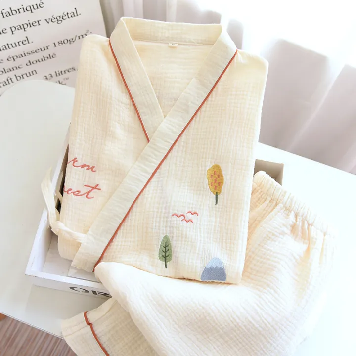 Women's JapaneseStyle DoubleLayer Gauze Cotton Button Kimono Lazada