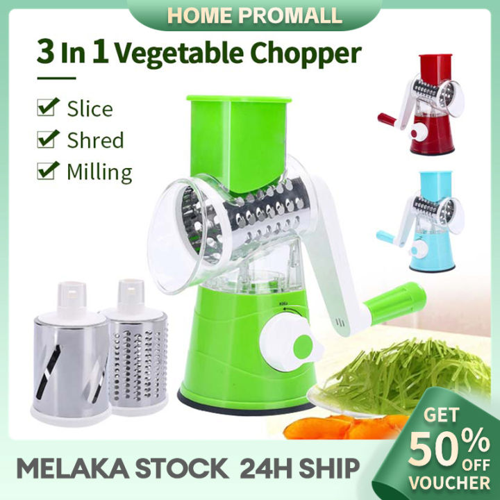 3 in 1 Multifunctional Vegetable Cutter & Slicers Hand Roller Type Square Drum Vegetable Cutter with 3 Blades Removable Easy to Clean, Blue
