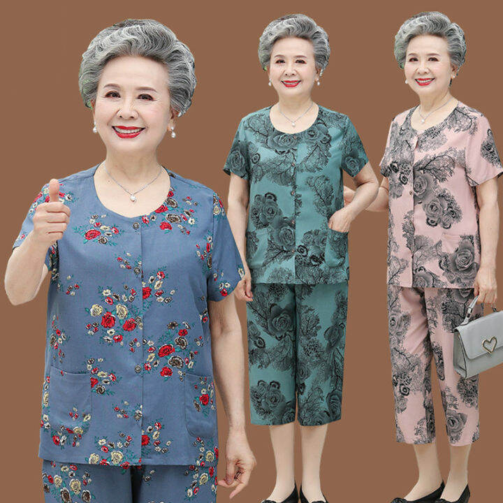 Grandma Summer Clothing Short Sleeve Suit MiddleAged and Elderly Women's Cotton Silk Cardigan