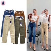 Nina jeans (S-2XL) กางเกงยีนส์เอวสูงปรี๊ดทรงกระบอกเล็กผ้ายืดแต่งขอบเอวลูกไม้กระดุมทองสองเม็ดปลายขาเย็บเก็บ #5627 jeansdede