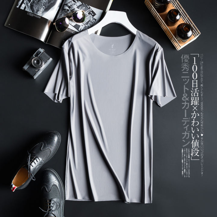 Mens Ice Silk V-Neck T-Shirt Traceless Short Sleeve Tee Solid Color Clothing