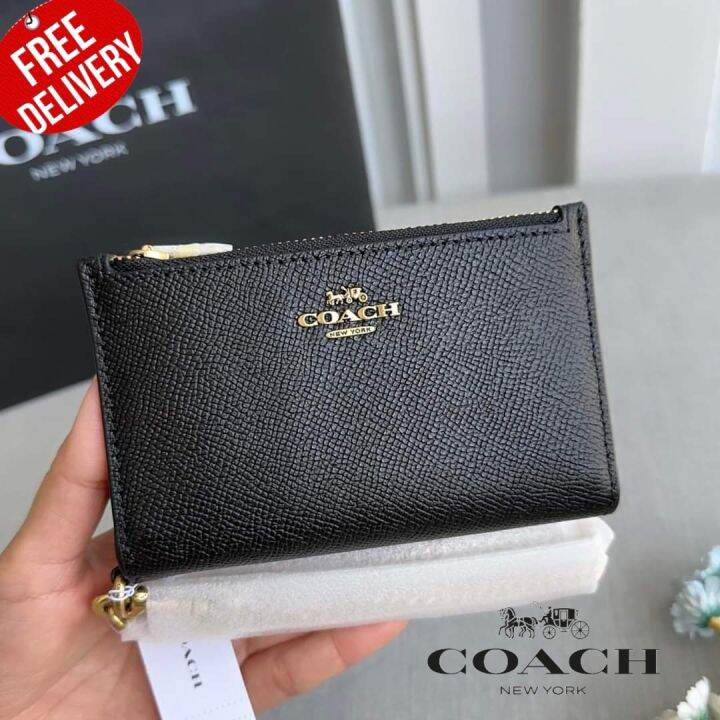 กระเป๋าสตางค์ Coach Zip Chain Card Case Key Fob Leather Wallet Lazada