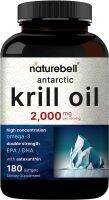 Antarctic Krill Oil 2000mg Supplement, 180 Softgels, 3X Stregnth Natural Source of Omega-3s, EPA 240mg + DHA 160mg + Astaxanthin 800mcg - No Fishy Aftertaste - Mercury Free &amp; Non-GMO krill oil