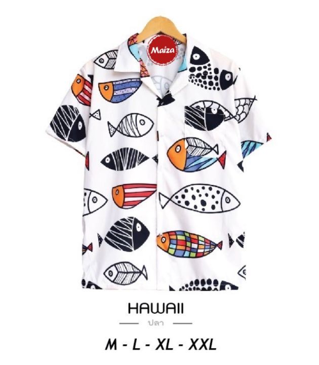 เสื้อฮาวาย-เสื้อฮาวายวินเทจ-เสื้อฮาวายโอเวอร์ไซส์-เสื้อฮาวายผ้าไหมอิตาลี-ชายหญิงใส่ได้-เสื้อฮาวายm-2xl-ลายปลา