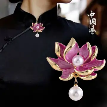 Fashion Enamel Pins Lotus Flower Pearl Zircon Brooches for Women